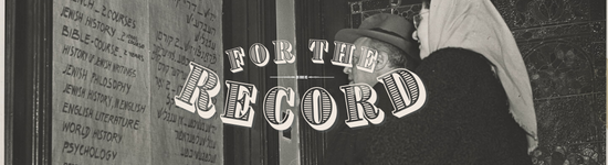 Section title reads 'For the Record' overlayed on image of two people reading the course offerings from YIFO at the JPL, 1948-1949.